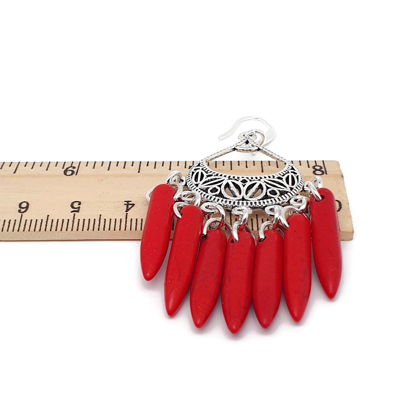 Dyed Red Howlite Chandelier Boho Earrings Long Dangle Drop