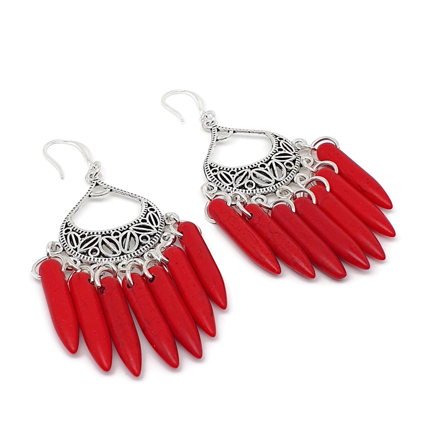 Dyed Red Howlite Chandelier Boho Earrings Long Dangle Drop