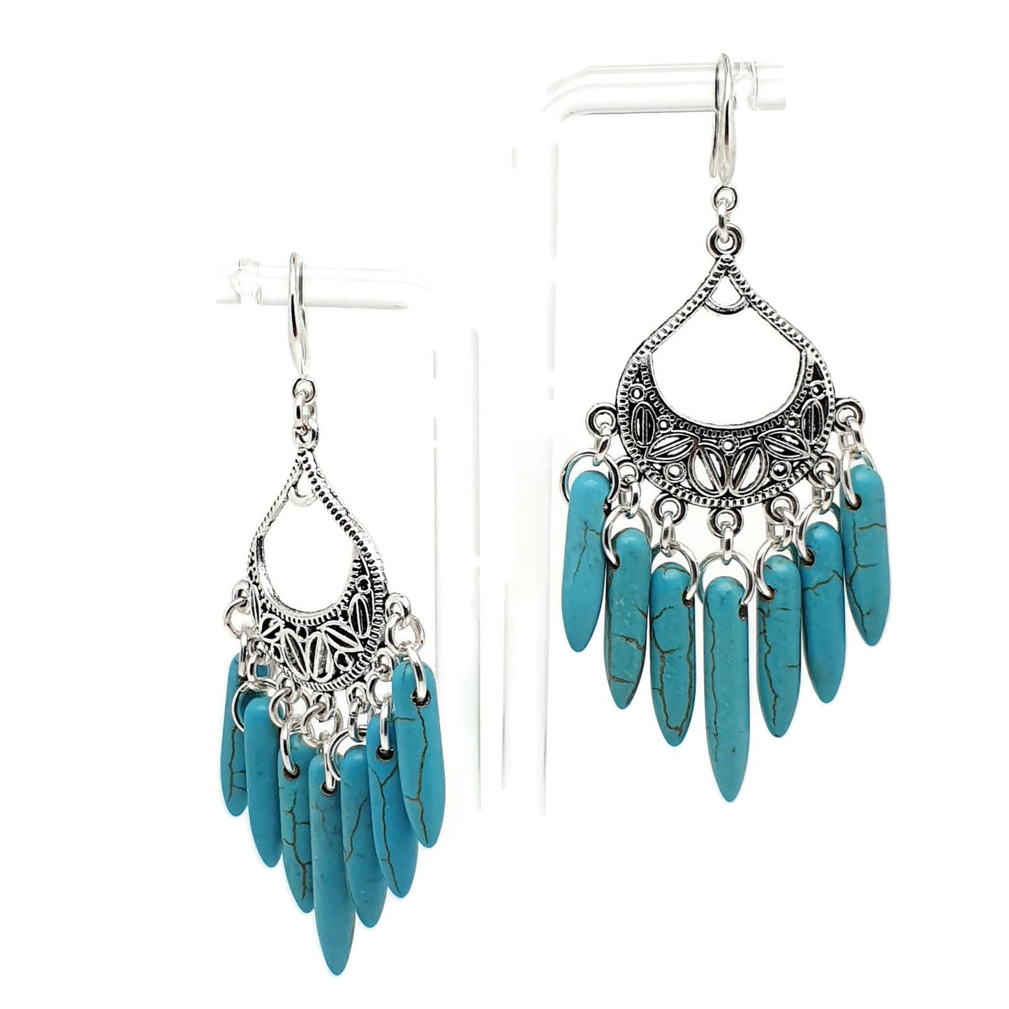 Turquoise Blue Howlite Chandelier Boho Earrings Long Dangle Drop