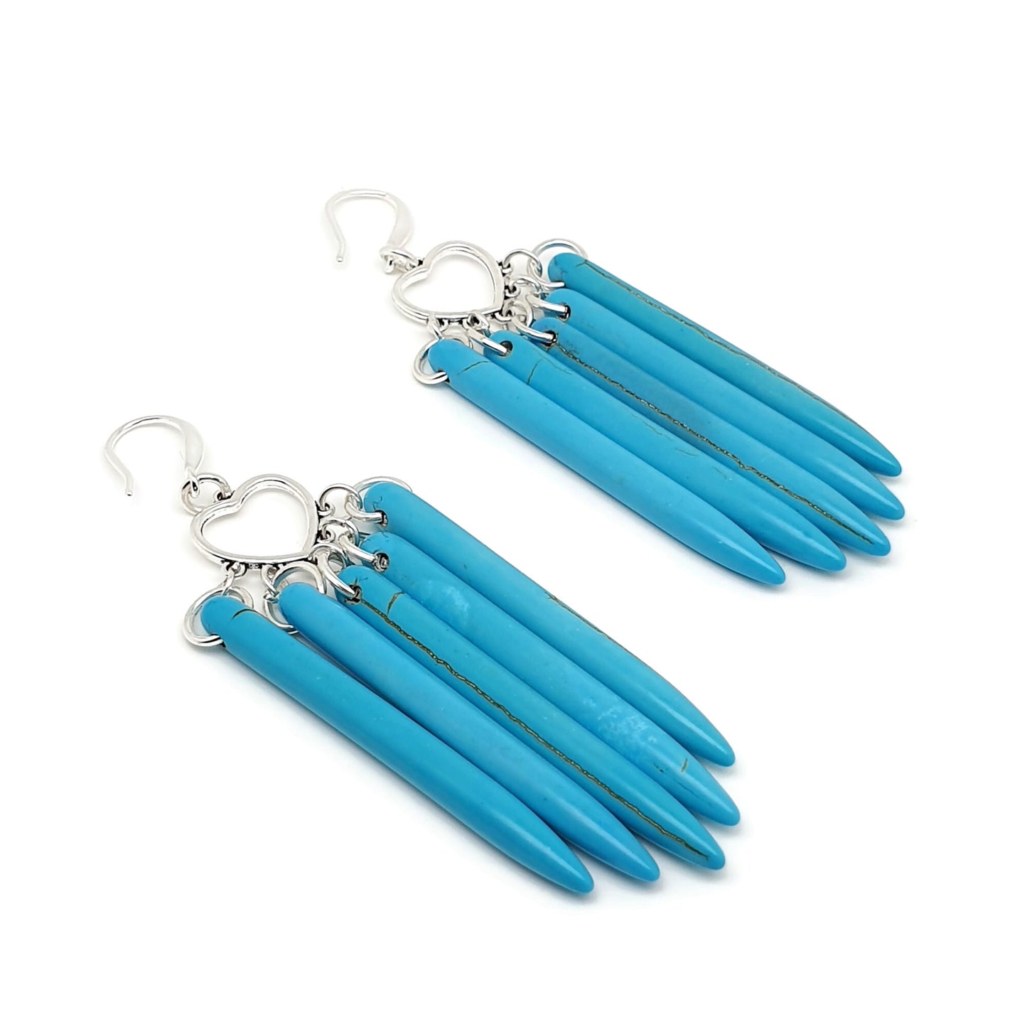 Long Blue Howlite Earrings Dangle Drop Heart Chandelier