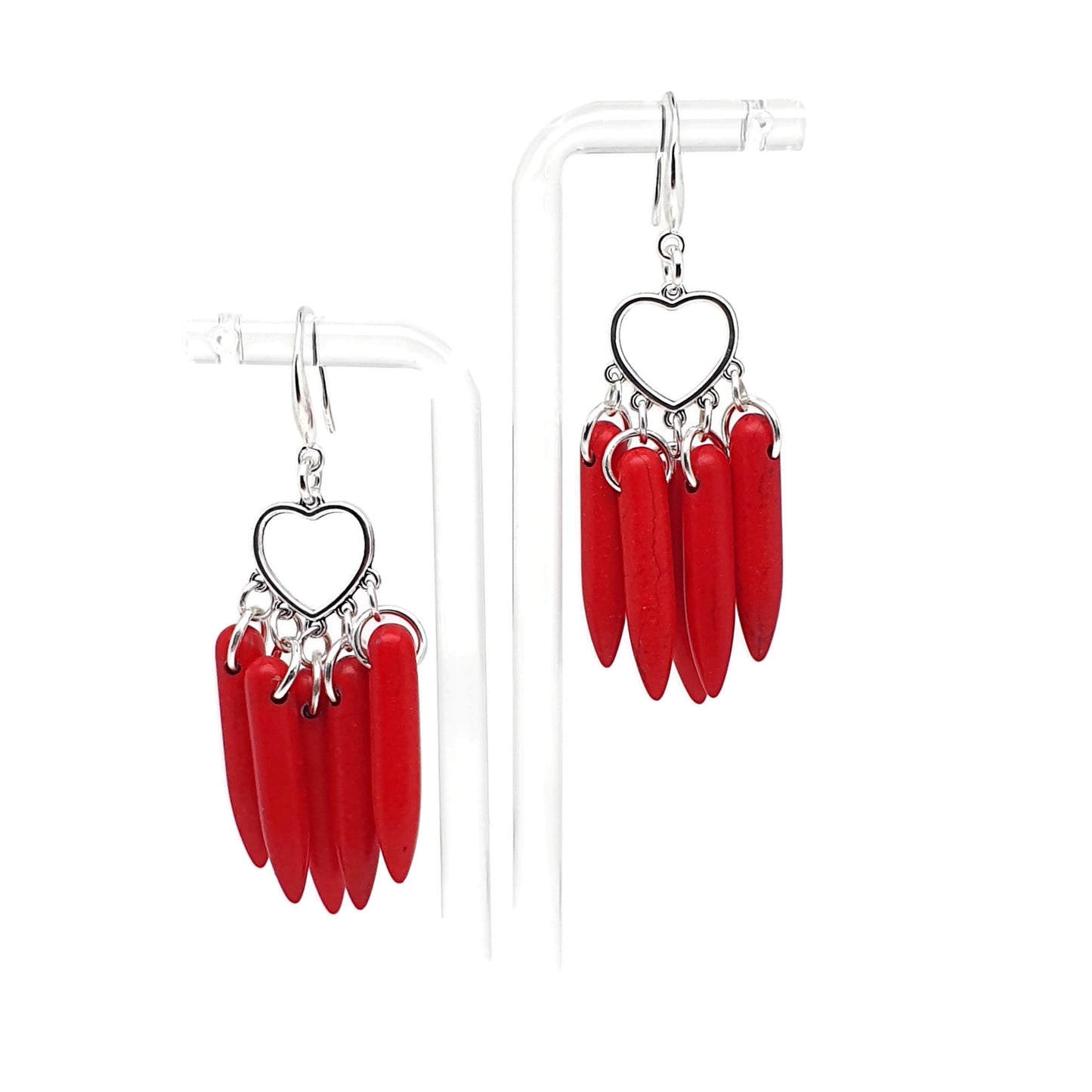 Red Howlite Boho Earrings Heart Chandelier Long Dangle Drop