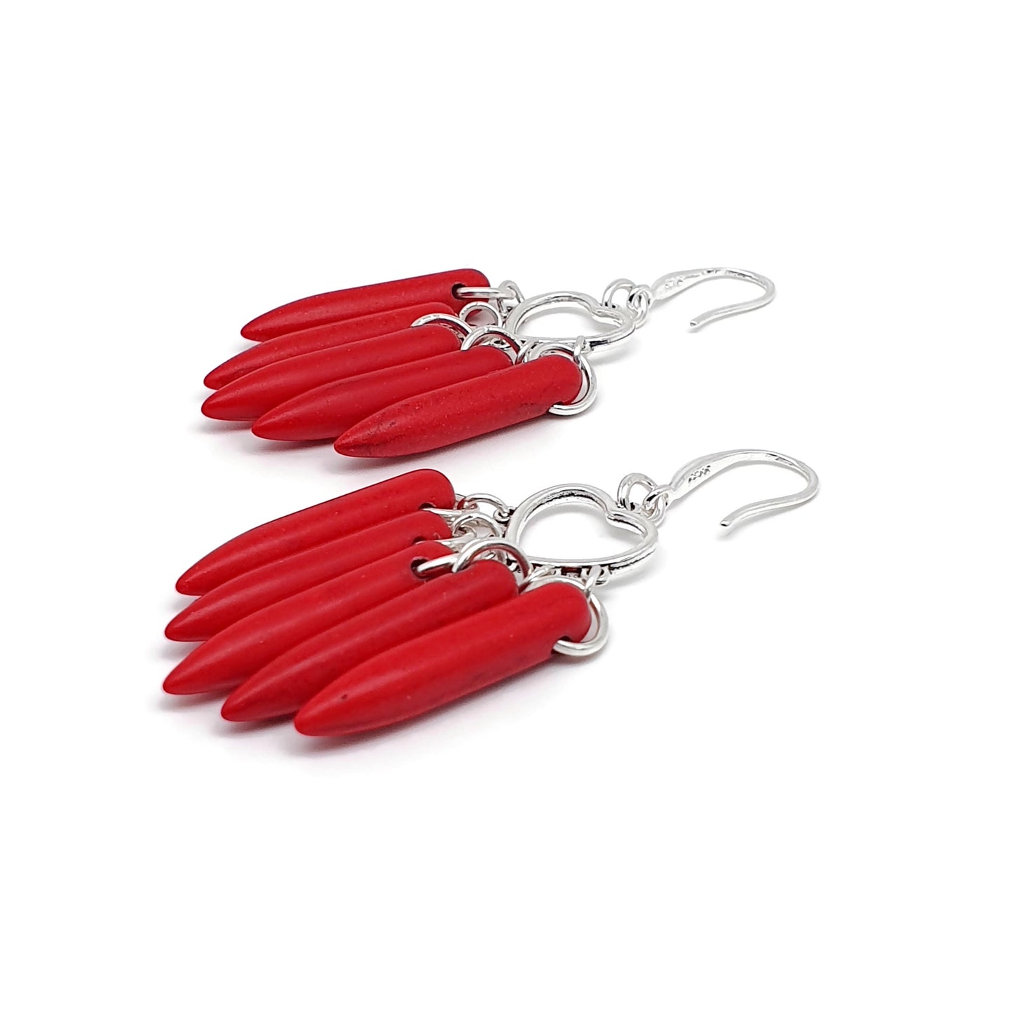 Red Howlite Boho Earrings Heart Chandelier Long Dangle Drop