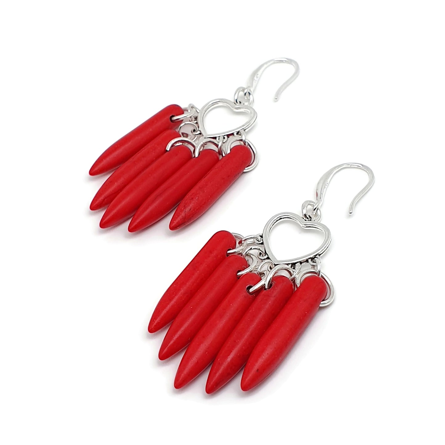 Red Howlite Boho Earrings Heart Chandelier Long Dangle Drop