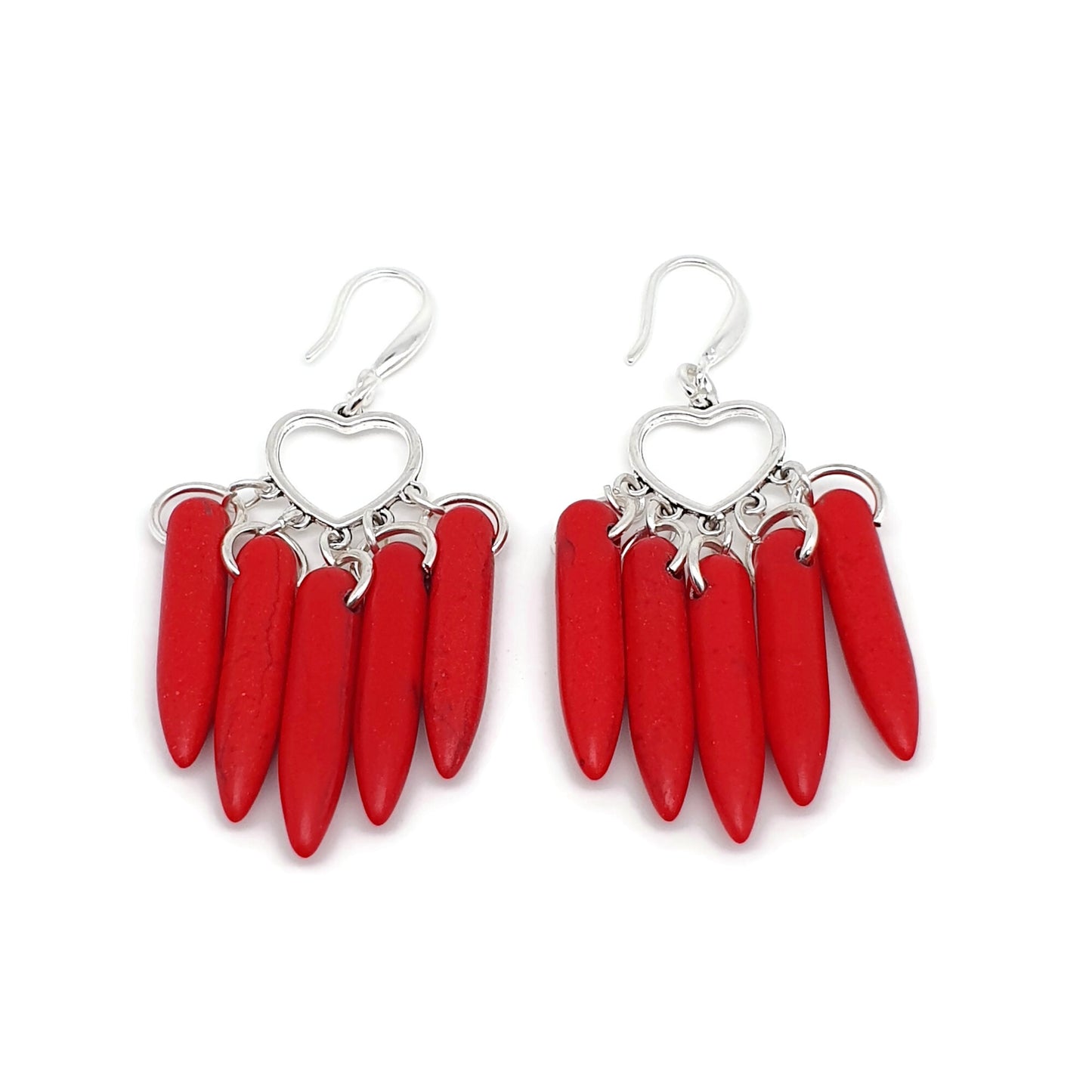 Red Howlite Boho Earrings Heart Chandelier Long Dangle Drop