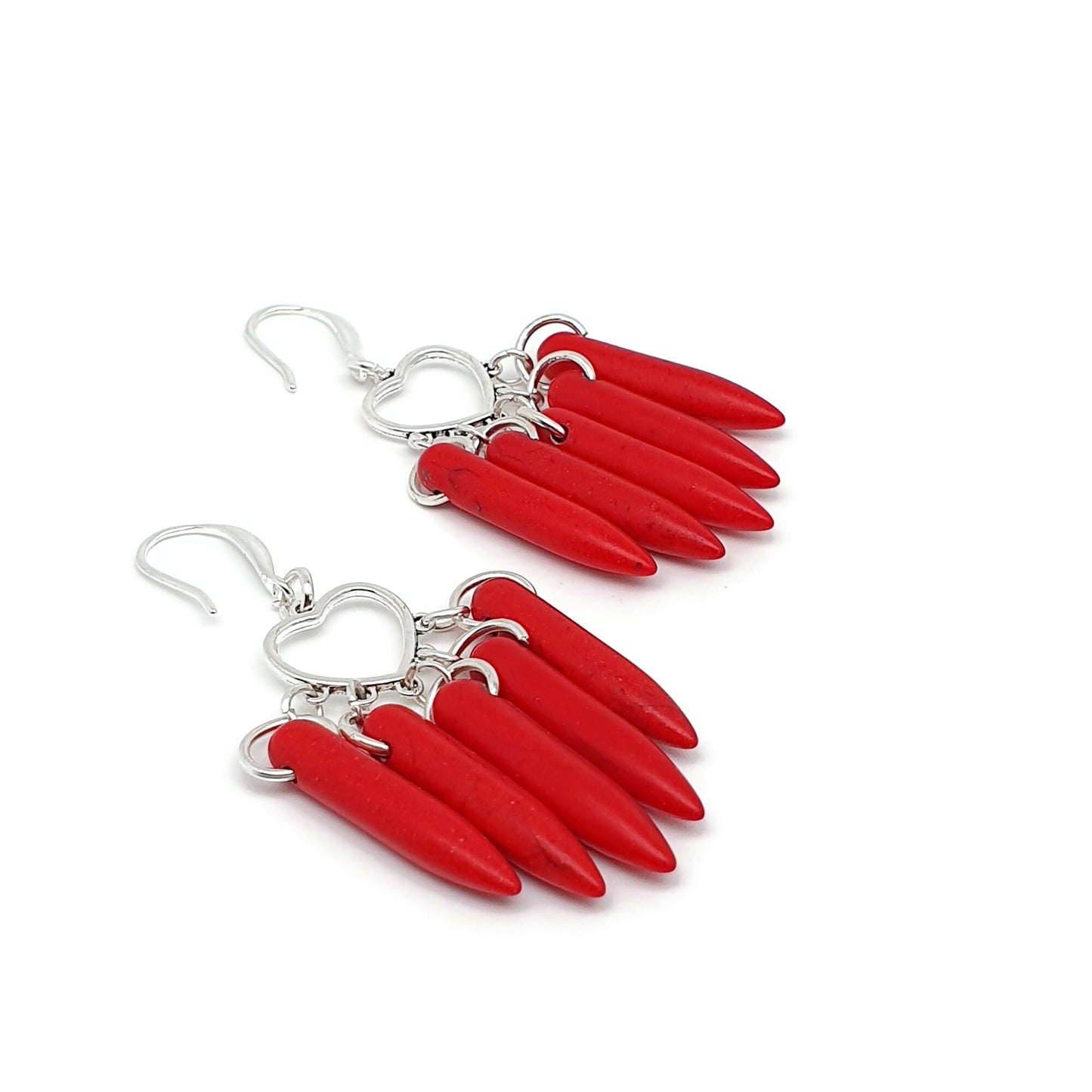 Red Howlite Boho Earrings Heart Chandelier Long Dangle Drop