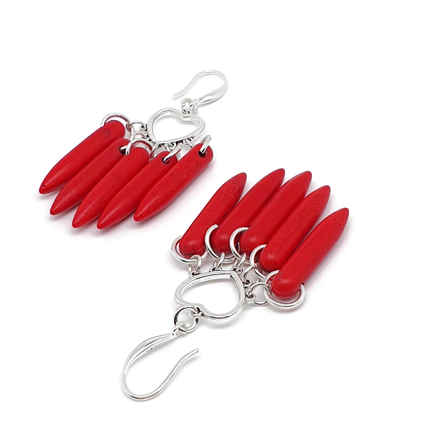 Red Howlite Boho Earrings Heart Chandelier Long Dangle Drop