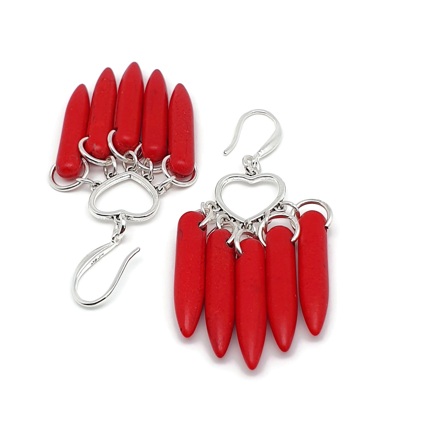 Red Howlite Boho Earrings Heart Chandelier Long Dangle Drop