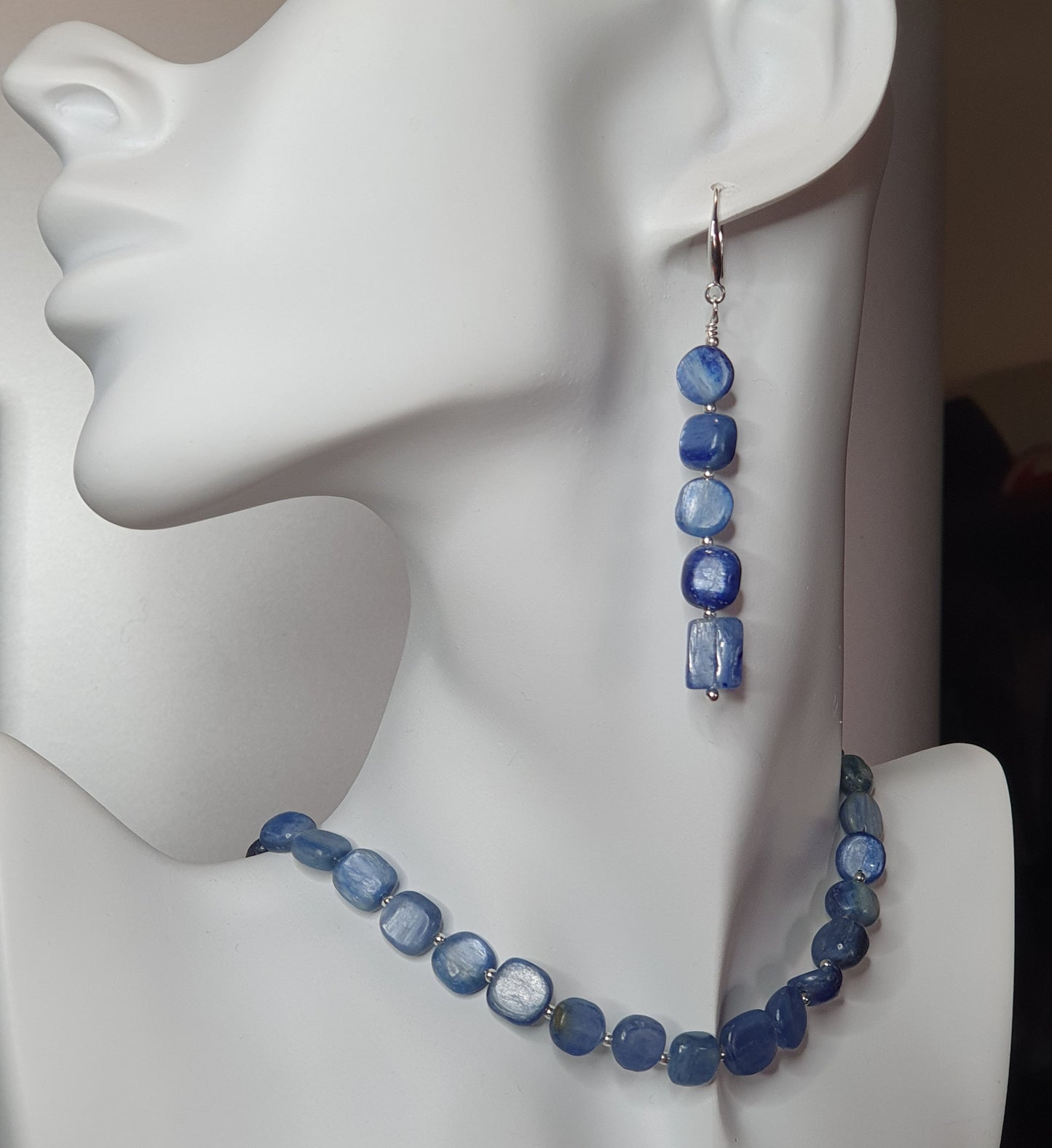 Blue Kyanite Beaded Nuggets Collar Necklace And Dangle Drop Earrings Set