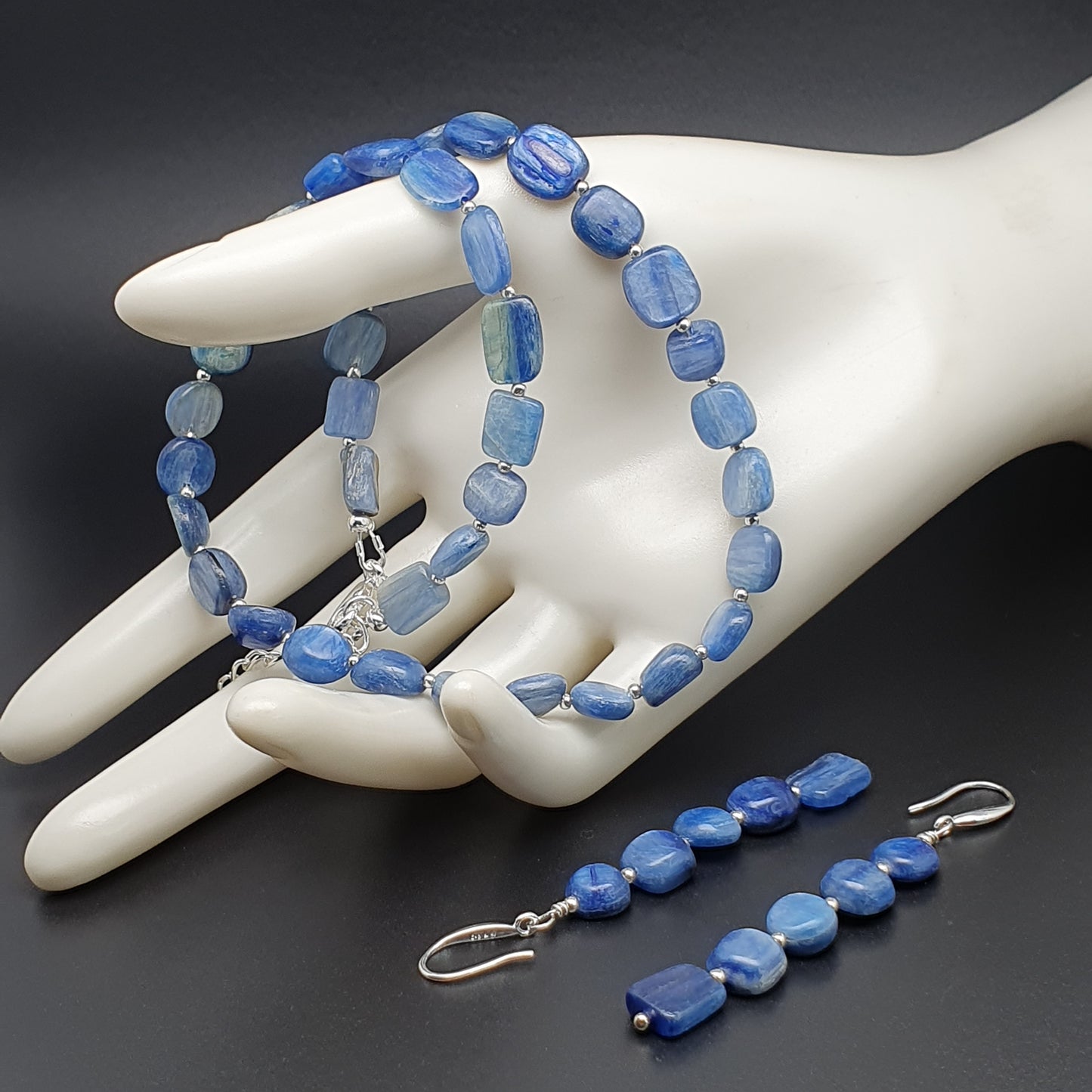 Blue Kyanite Beaded Nuggets Collar Necklace And Dangle Drop Earrings Set