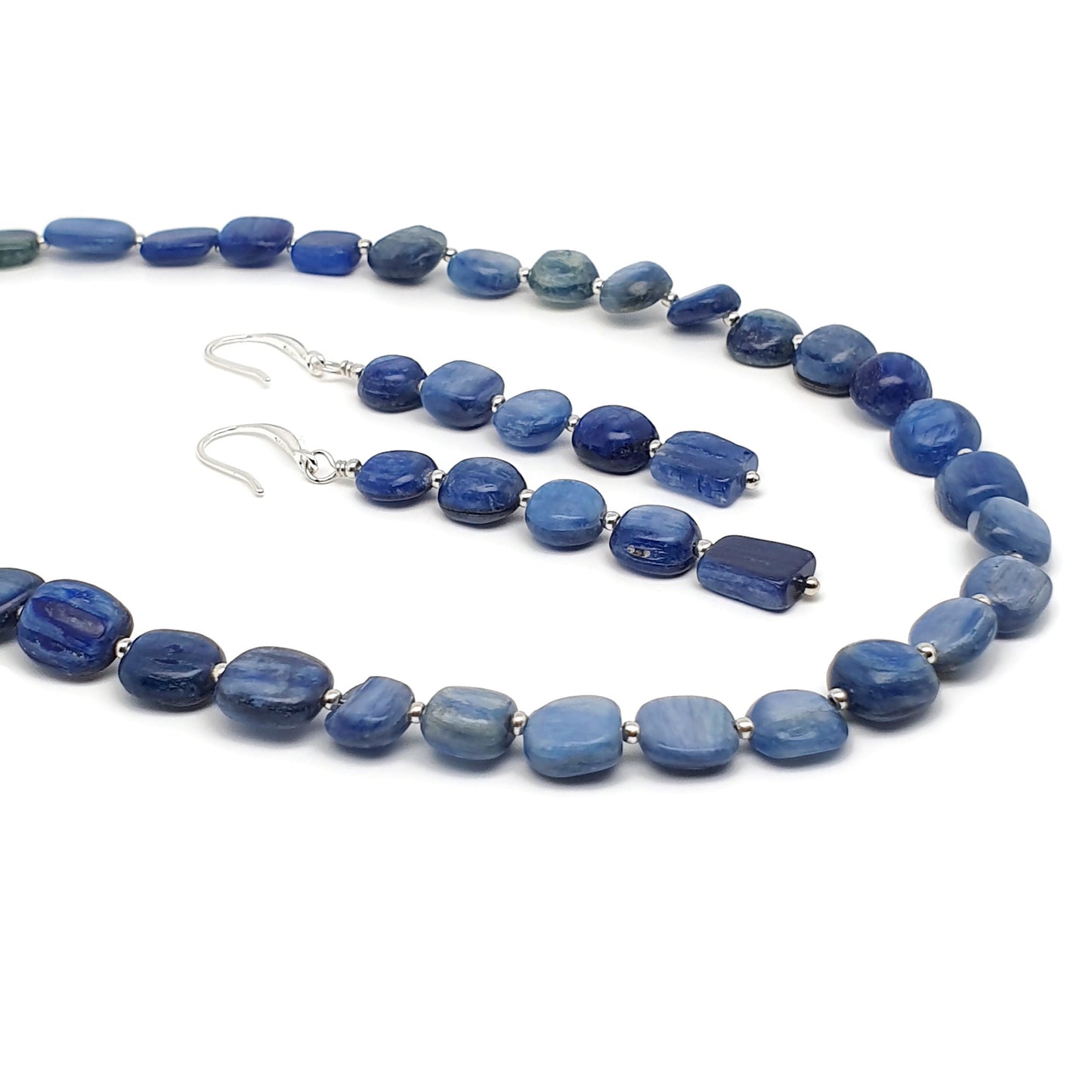 Blue Kyanite Beaded Nuggets Collar Necklace And Dangle Drop Earrings Set