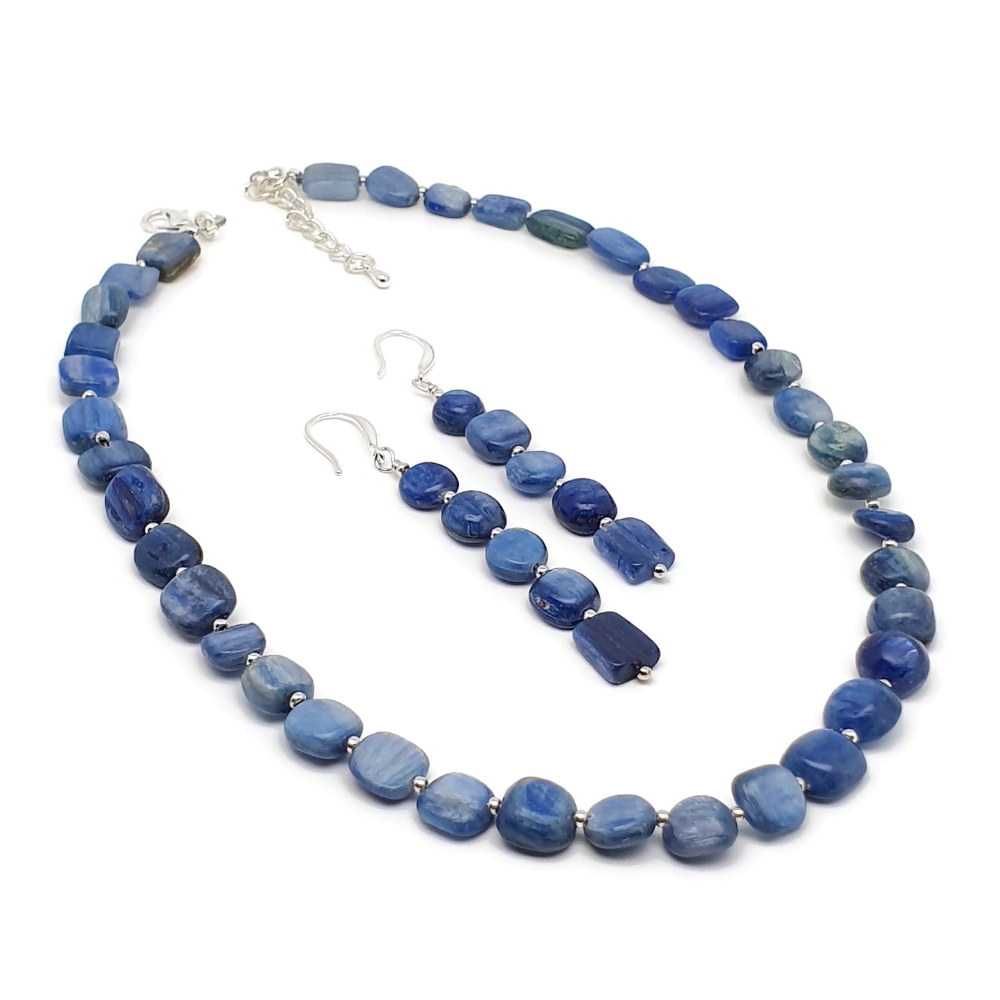 Blue Kyanite Beaded Nuggets Collar Necklace And Dangle Drop Earrings Set