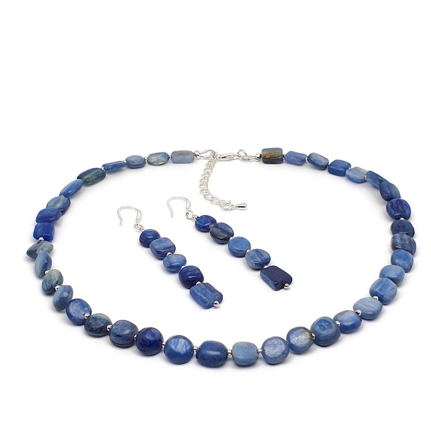 Blue Kyanite Beaded Nuggets Collar Necklace And Dangle Drop Earrings Set