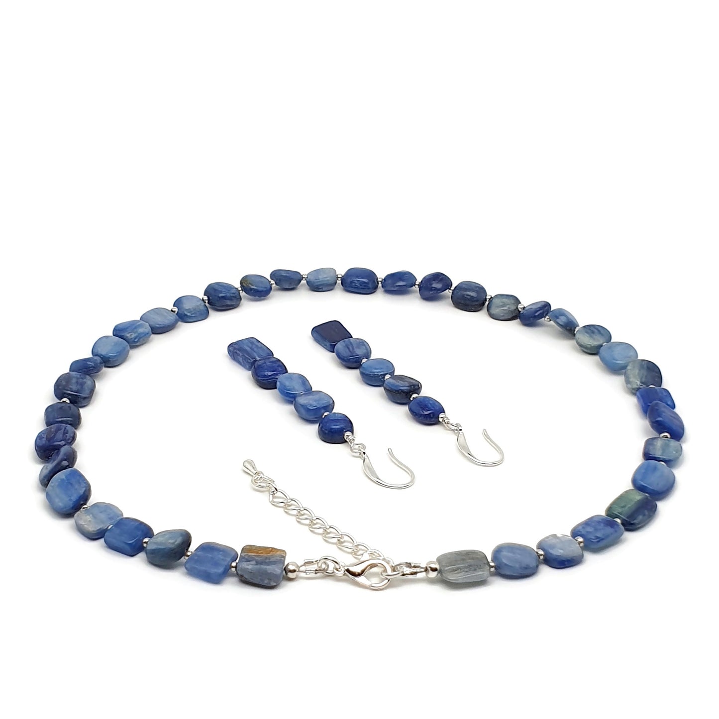 Blue Kyanite Beaded Nuggets Collar Necklace And Dangle Drop Earrings Set