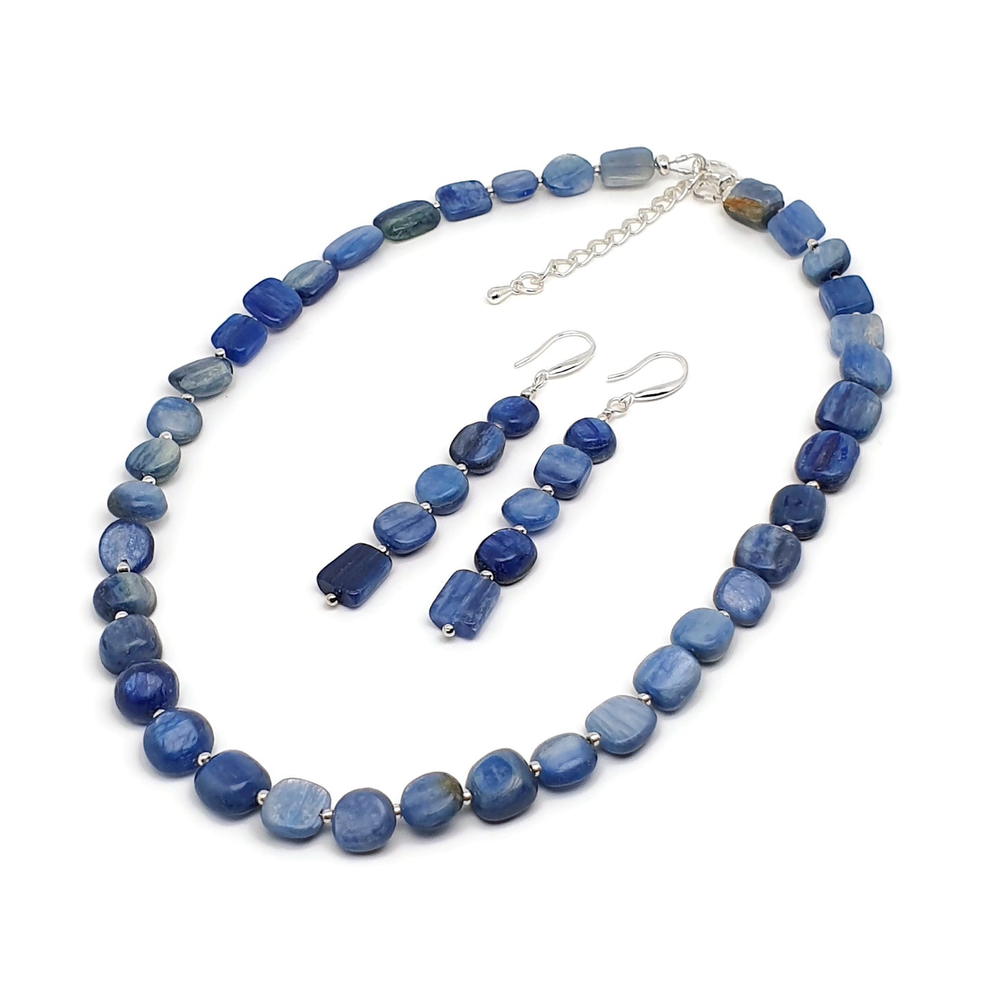 Blue Kyanite Beaded Nuggets Collar Necklace And Dangle Drop Earrings Set