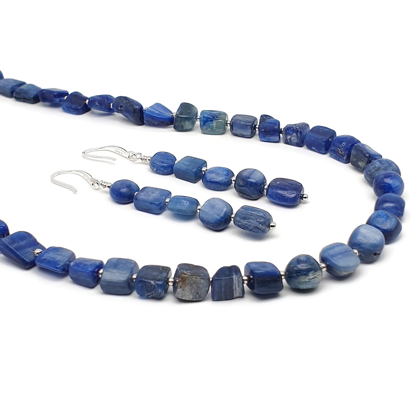 Blue Kyanite Beaded Nuggets Collar Necklace And Dangle Drop Earrings Set