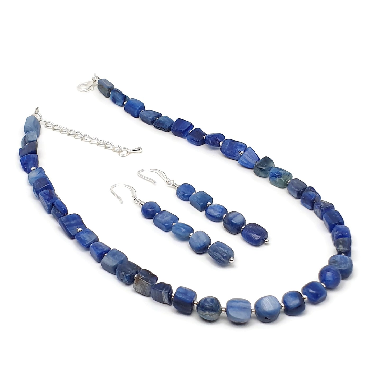 Blue Kyanite Beaded Nuggets Collar Necklace And Dangle Drop Earrings Set