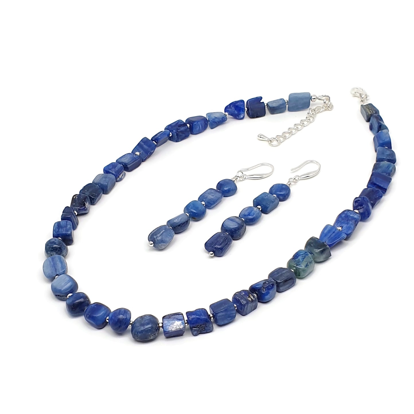 Blue Kyanite Beaded Nuggets Collar Necklace And Dangle Drop Earrings Set