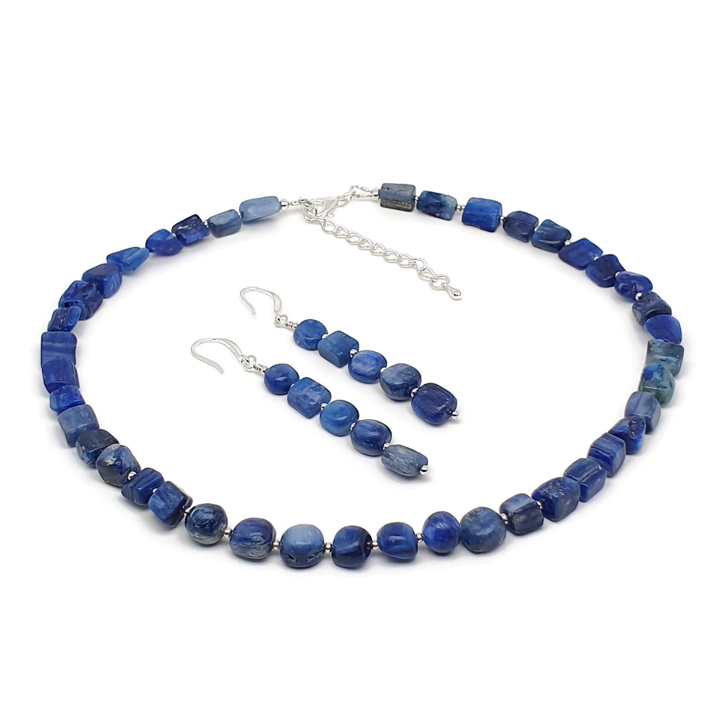 Blue Kyanite Beaded Nuggets Collar Necklace And Dangle Drop Earrings Set