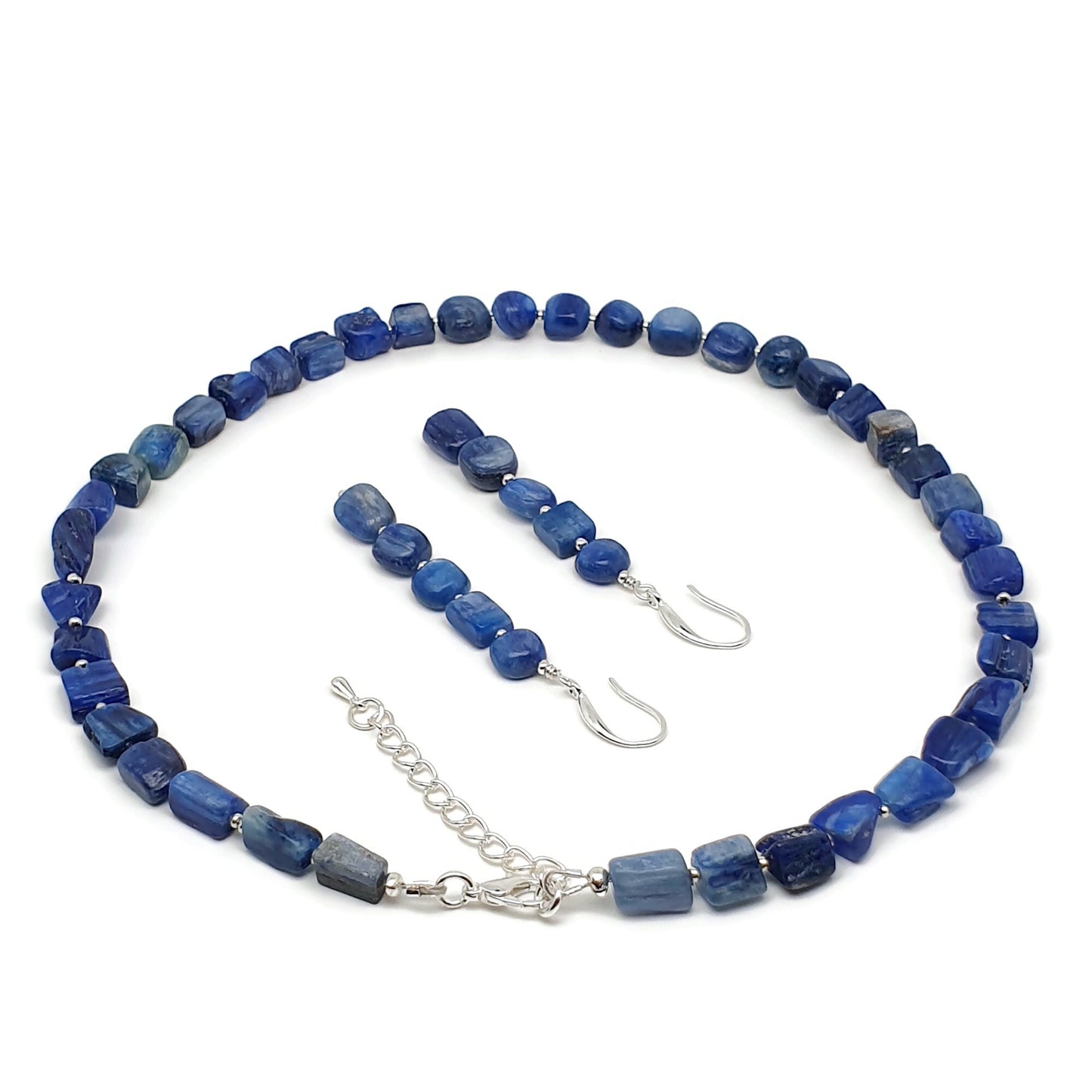 Blue Kyanite Beaded Nuggets Collar Necklace And Dangle Drop Earrings Set