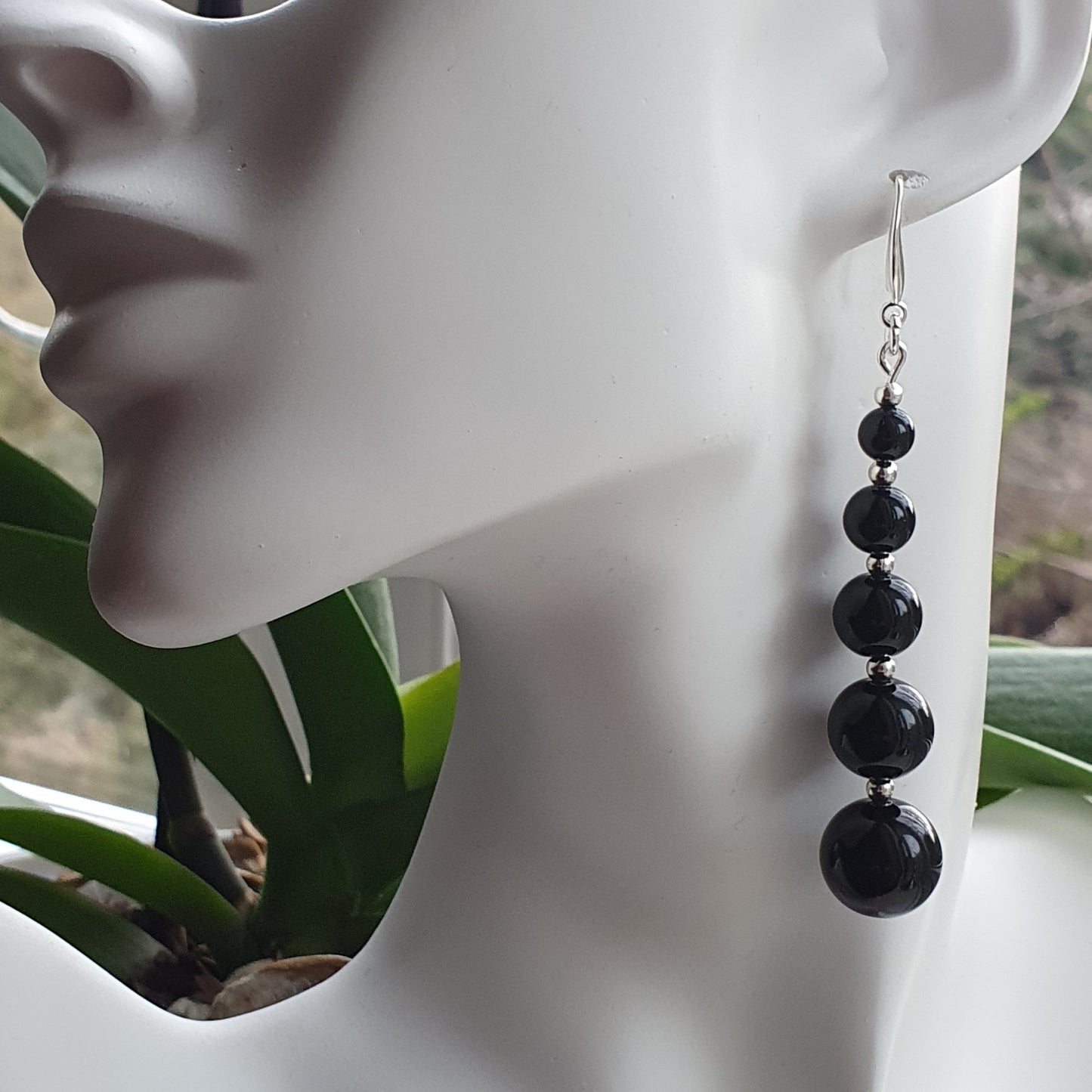 Black Agate Beaded Graduated Long Dangle Drop Boho Earrings