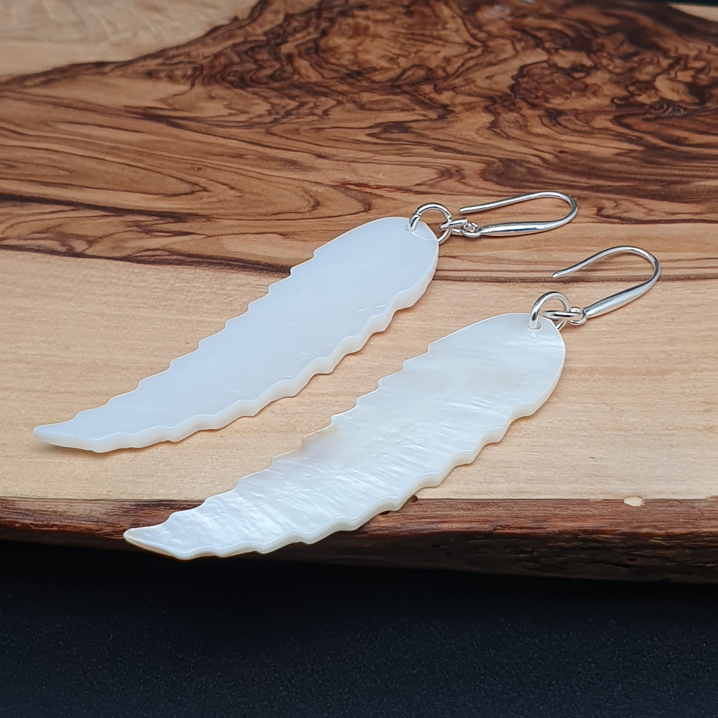 Long White Leaf Shell Earrings Carved Natural Mother of Pearl