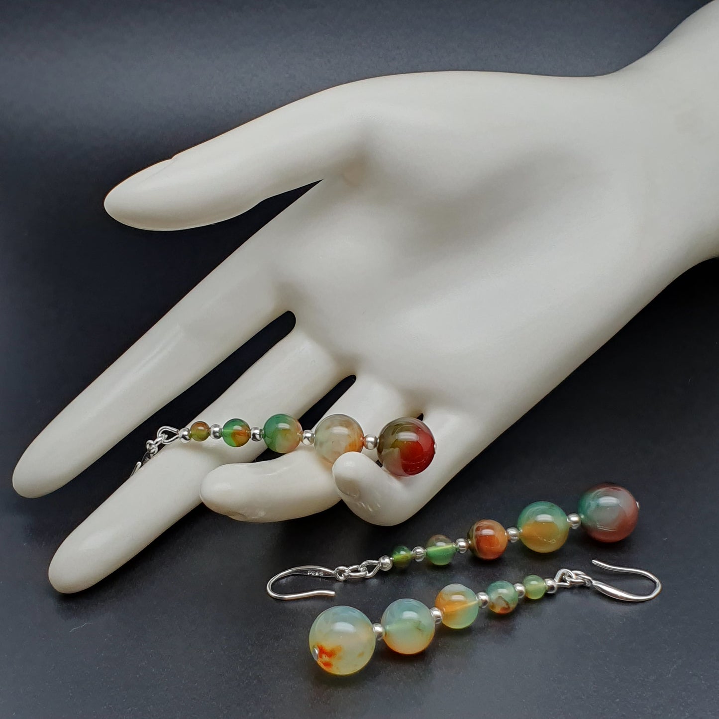 Peacock Agate Beaded Graduated Dangle Drop Boho Earrings