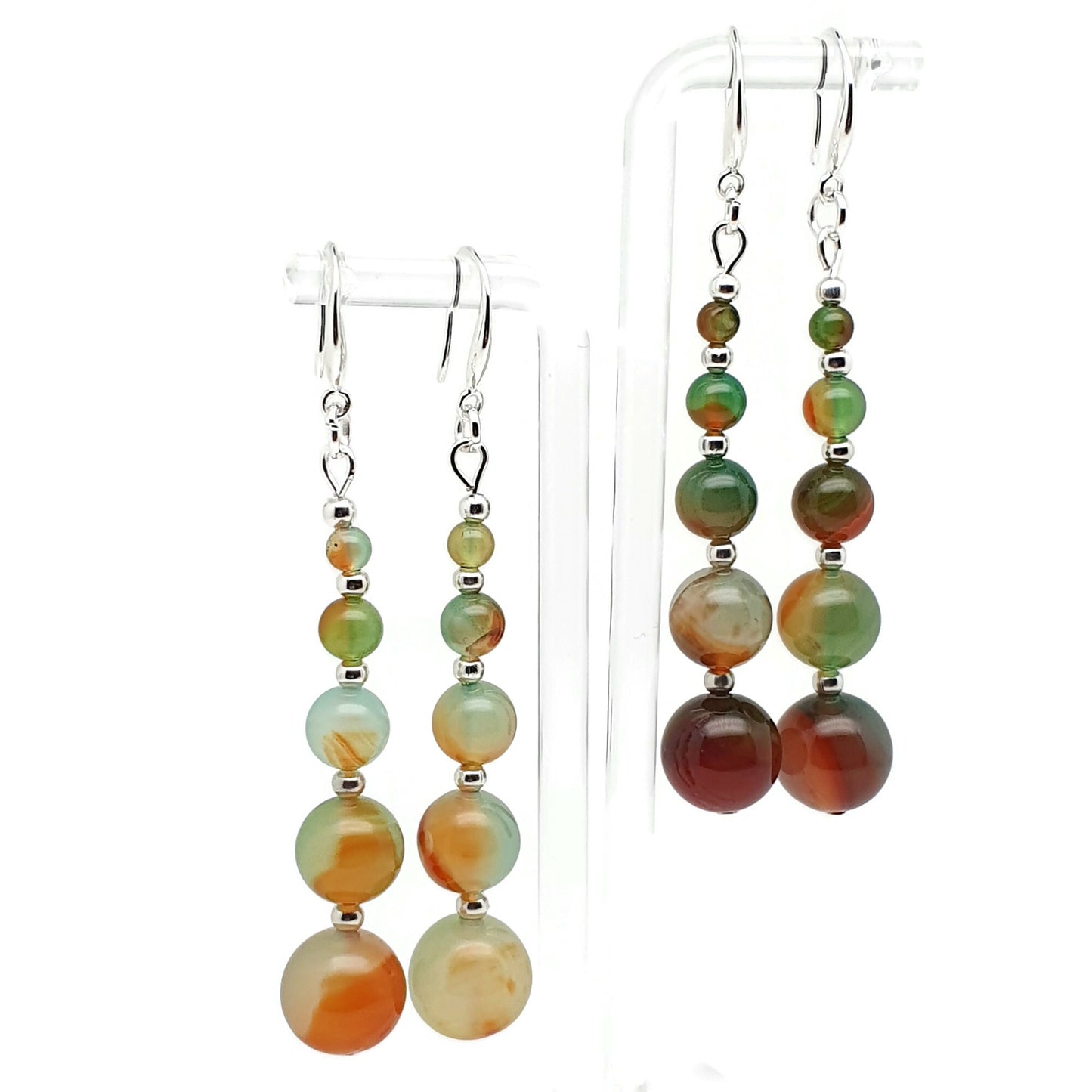 Peacock Agate Beaded Graduated Dangle Drop Boho Earrings