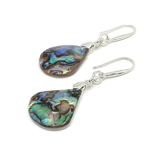 Rainbow Paua Abalone Teardrop Earrings Dangle Drop Natural Sea Shell