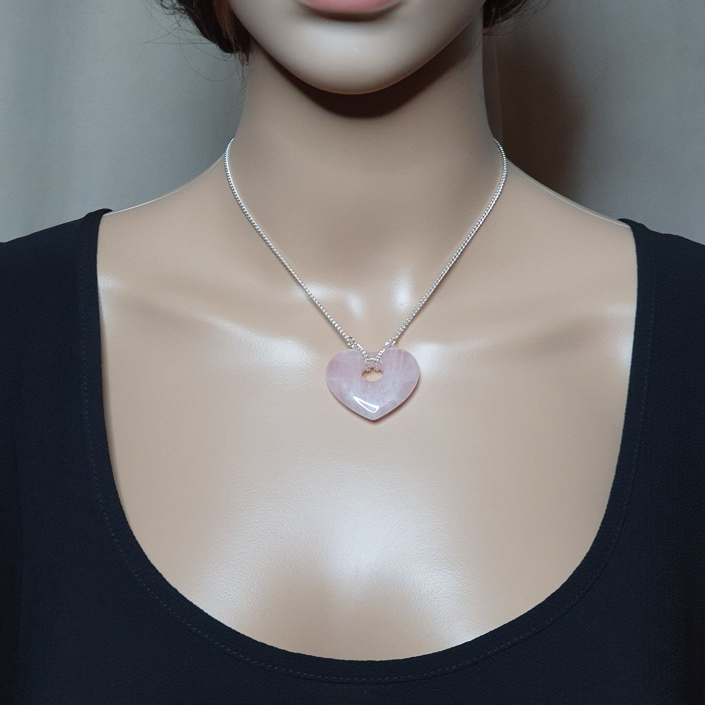 Chunky Rose Quartz Heart Collar Necklace Silver Plated Adjustable Chain