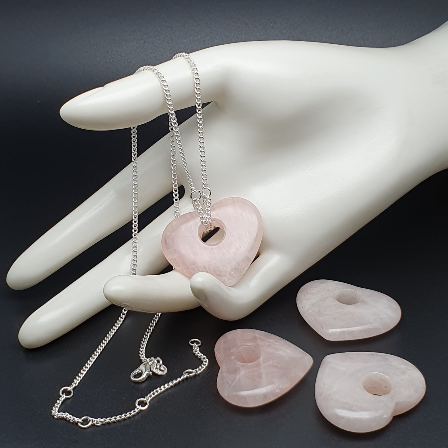 Chunky Rose Quartz Heart Collar Necklace Silver Plated Adjustable Chain