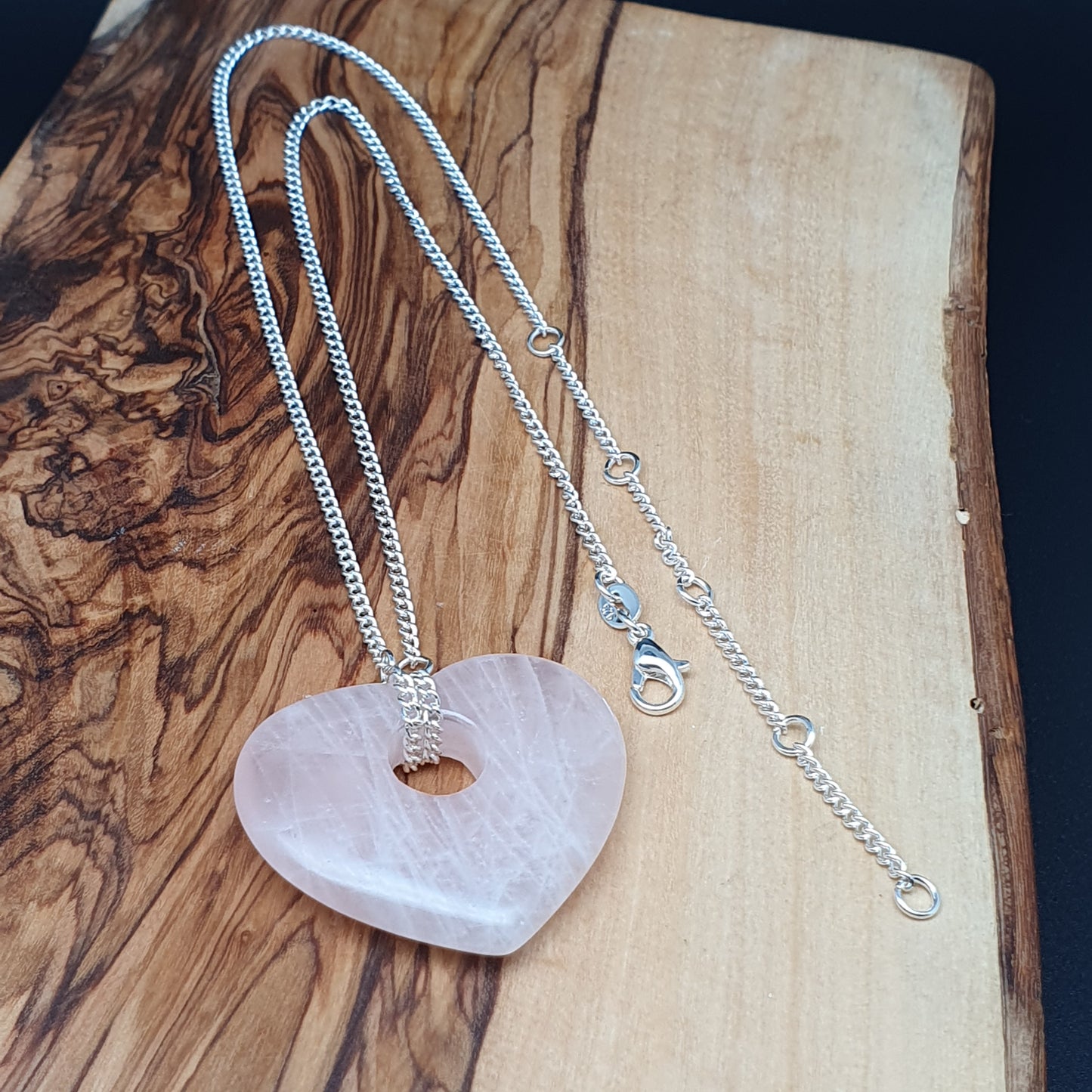 Chunky Rose Quartz Heart Collar Necklace Silver Plated Adjustable Chain