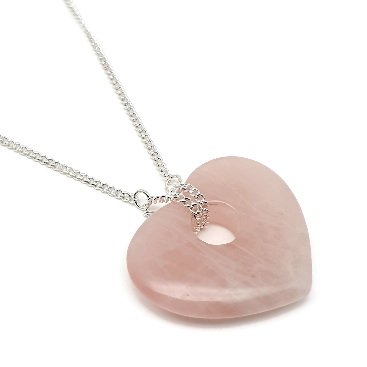 Chunky Rose Quartz Heart Collar Necklace Silver Plated Adjustable Chain