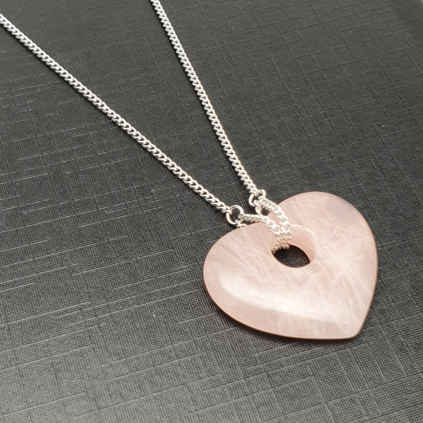 Chunky Rose Quartz Heart Collar Necklace Silver Plated Adjustable Chain