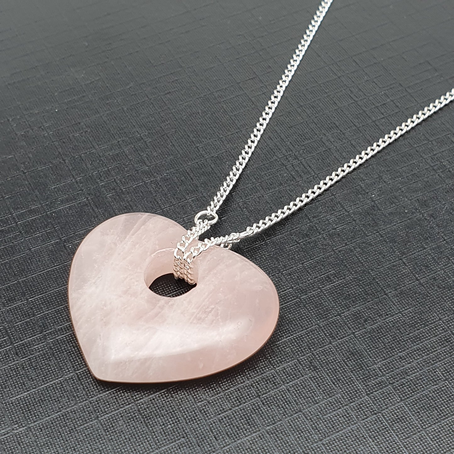 Chunky Rose Quartz Heart Collar Necklace Silver Plated Adjustable Chain