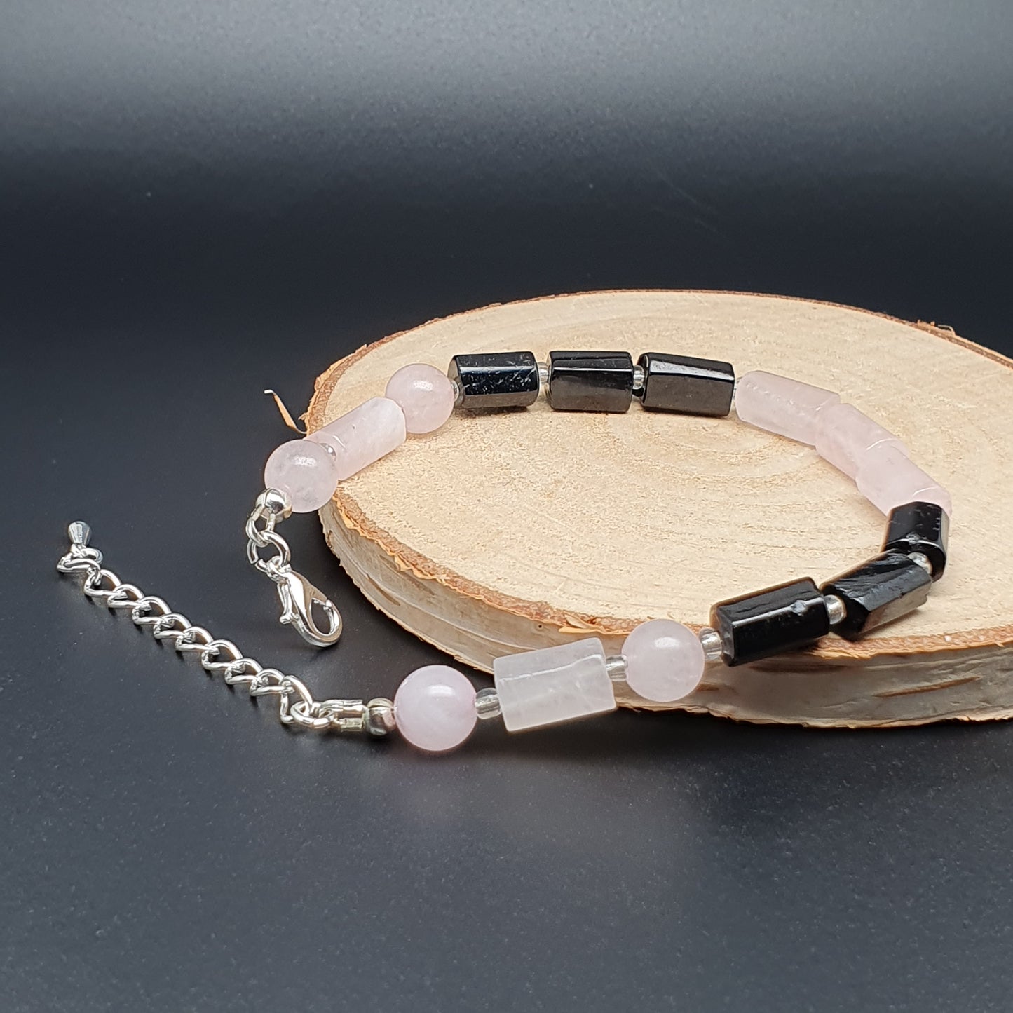 Rose Quartz And Black Tourmaline Beaded Boho Bracelet Adjustable Length