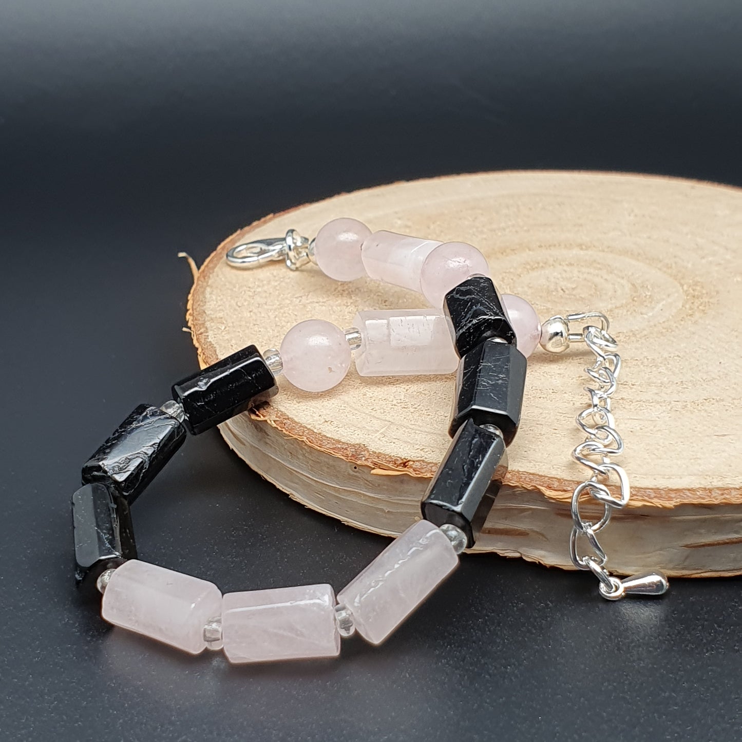 Rose Quartz And Black Tourmaline Beaded Boho Bracelet Adjustable Length