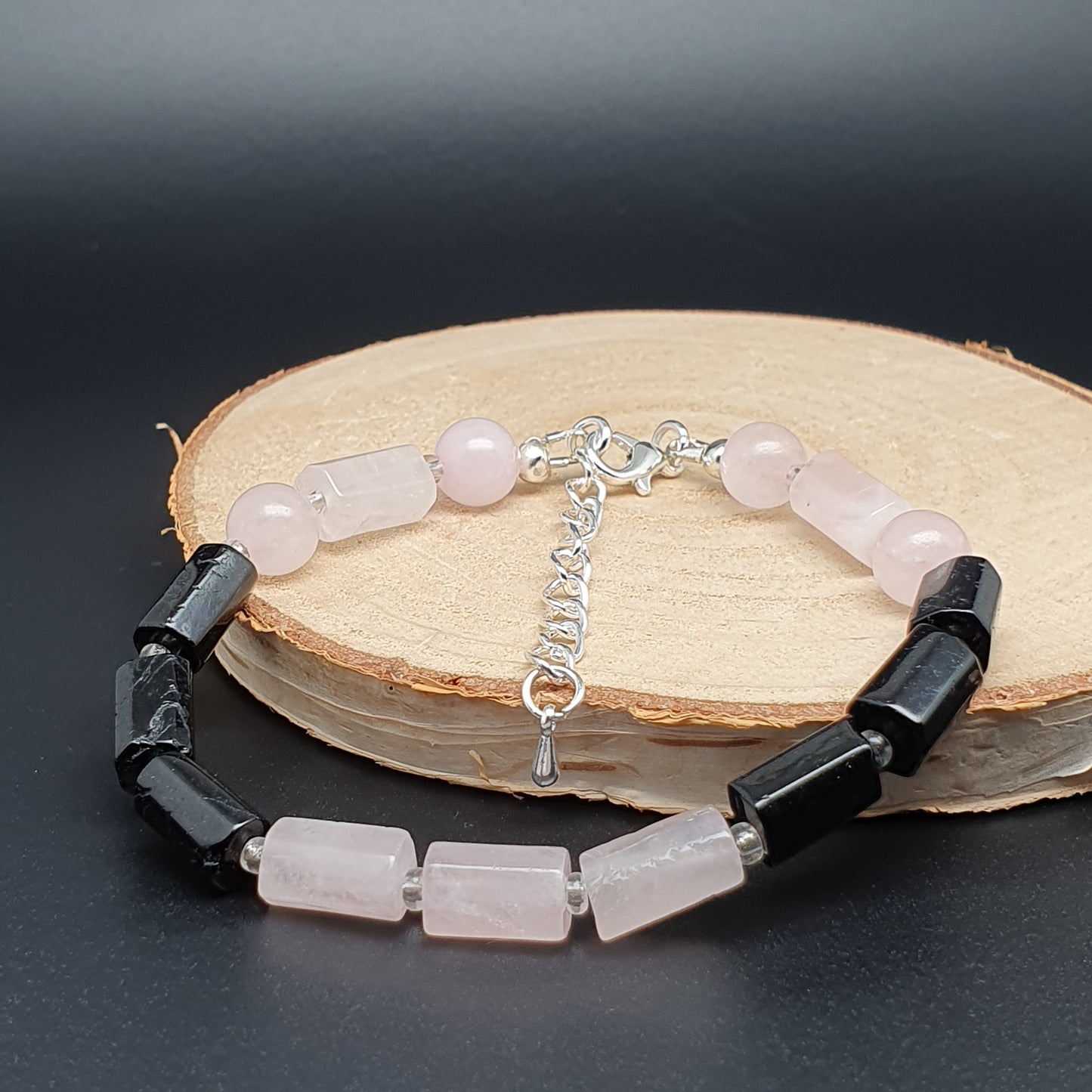 Rose Quartz And Black Tourmaline Beaded Boho Bracelet Adjustable Length