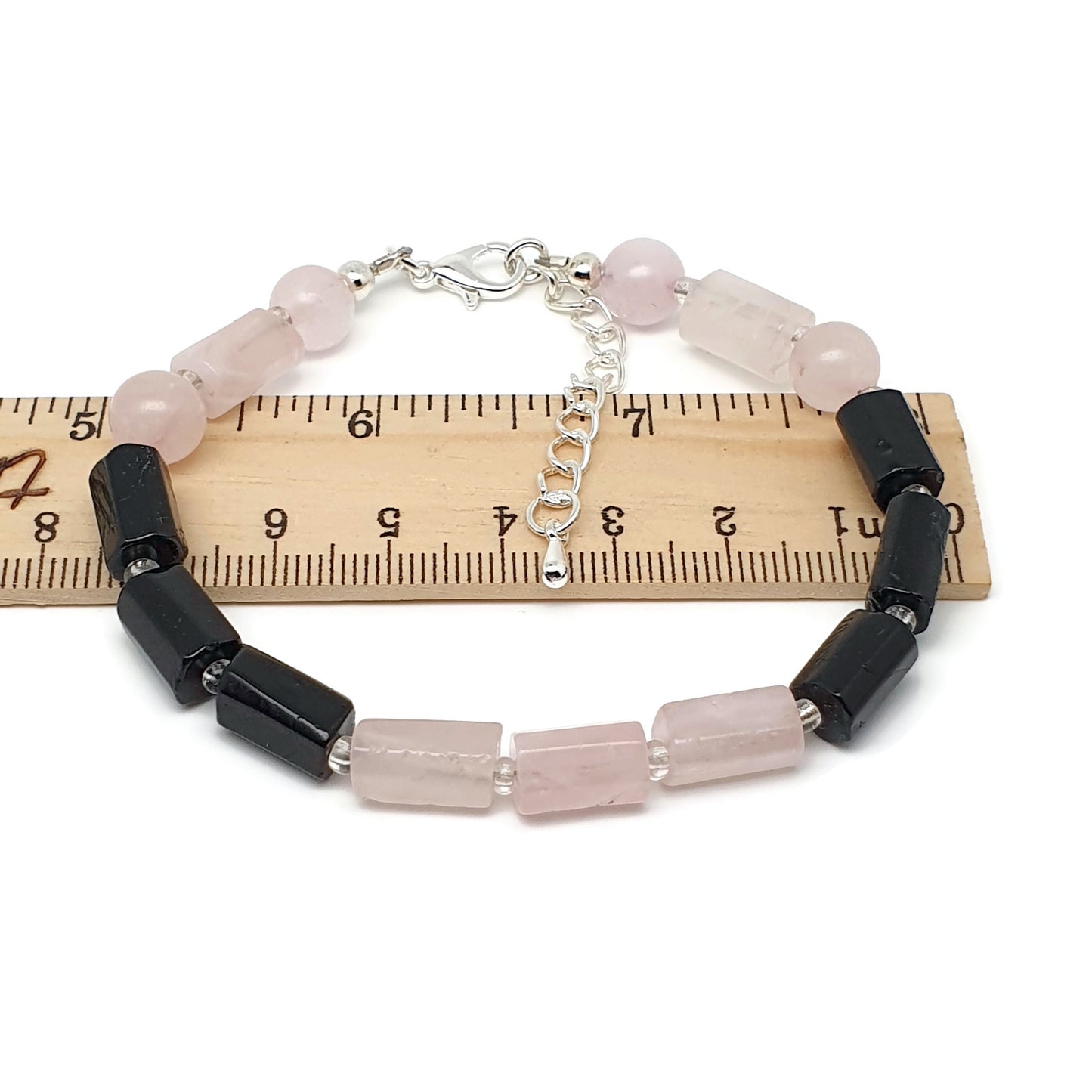 Rose Quartz And Black Tourmaline Beaded Boho Bracelet Adjustable Length