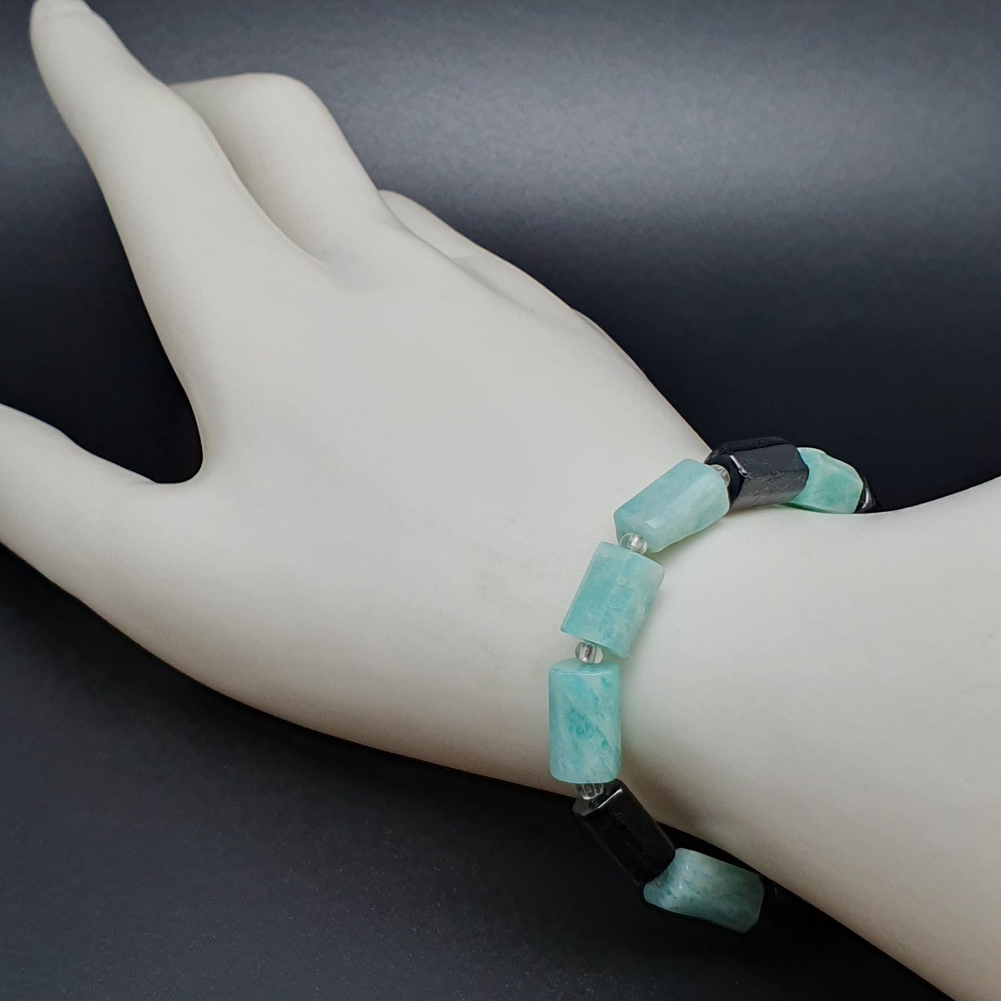 Blue Amazonite Black Tourmaline Beaded Bracelet Adjustable