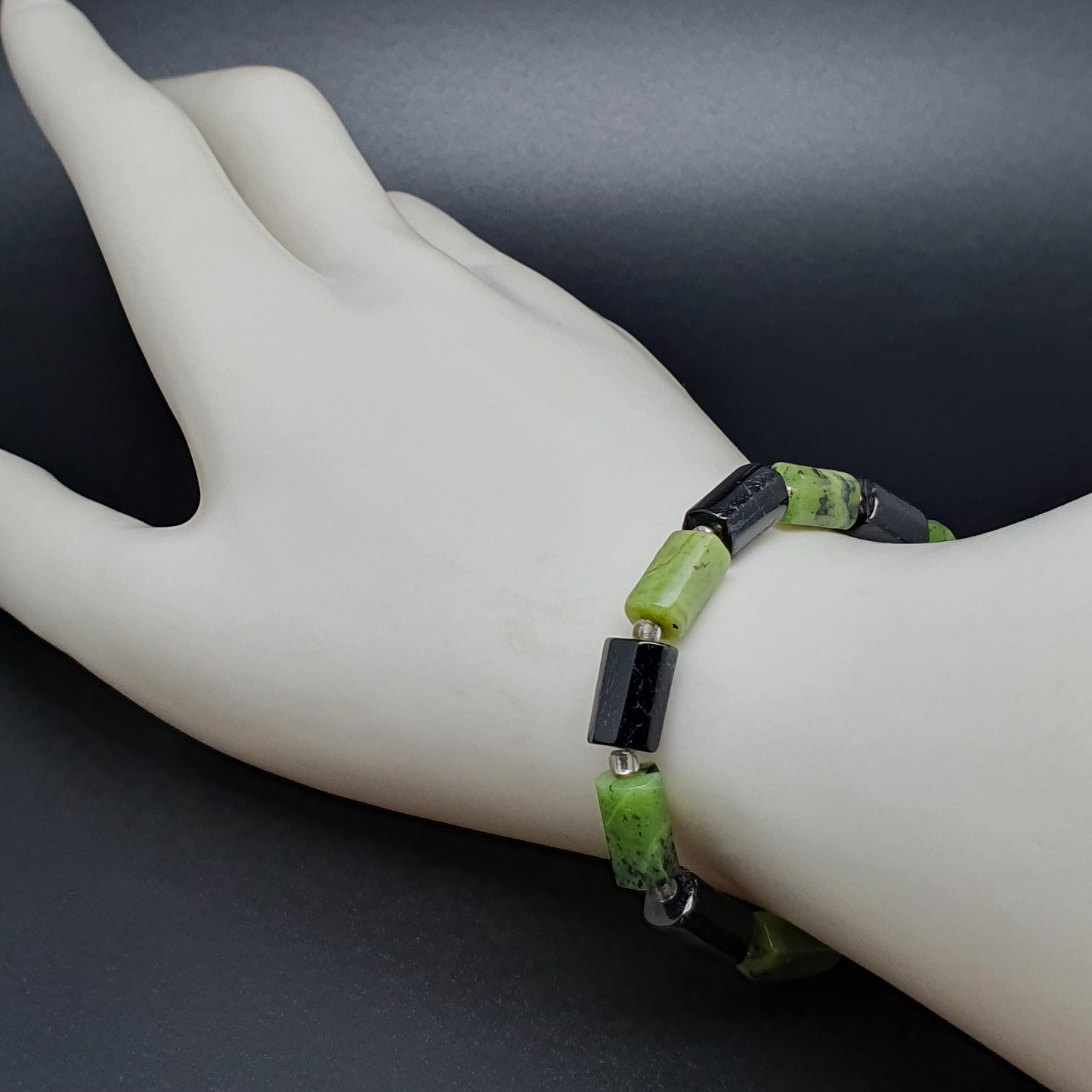 Green Jade And Black Tourmaline Beaded Bracelet Adjustable Length