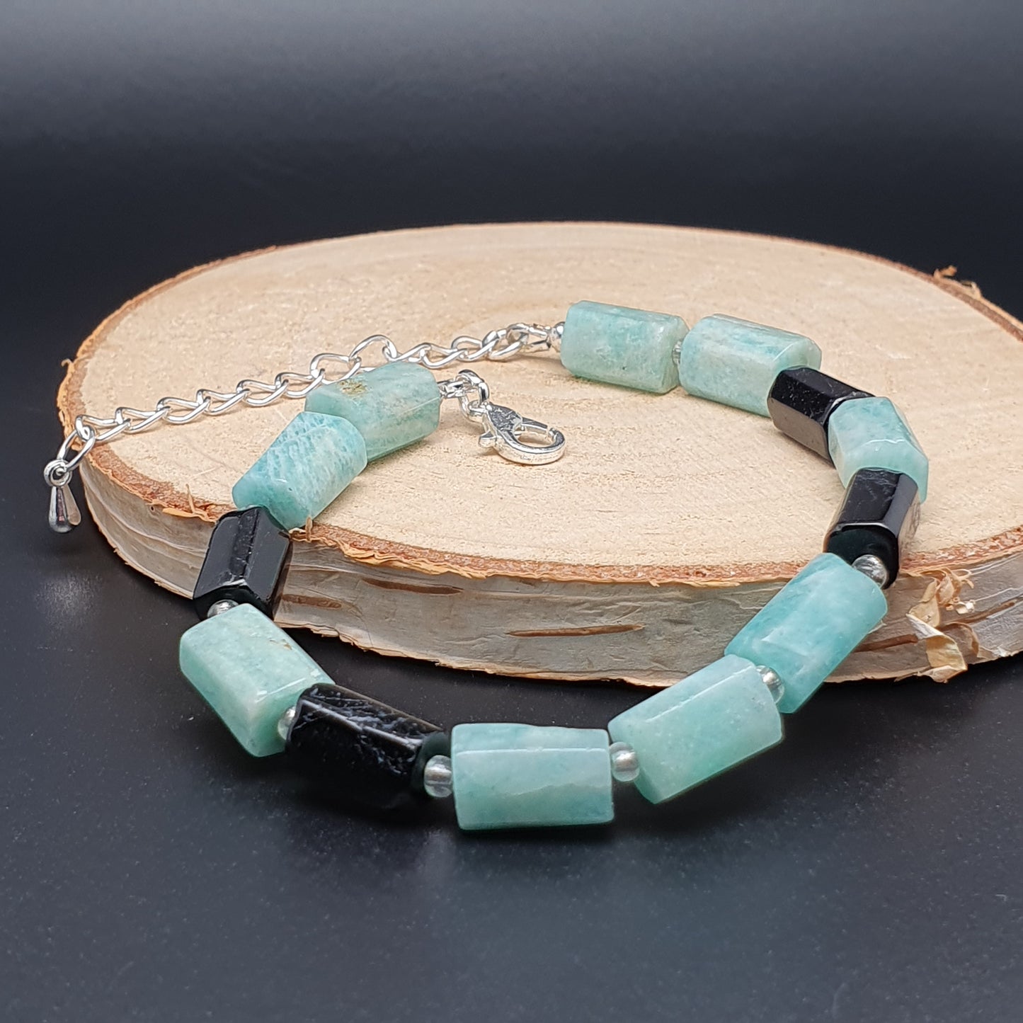 Blue Amazonite Black Tourmaline Beaded Bracelet Adjustable