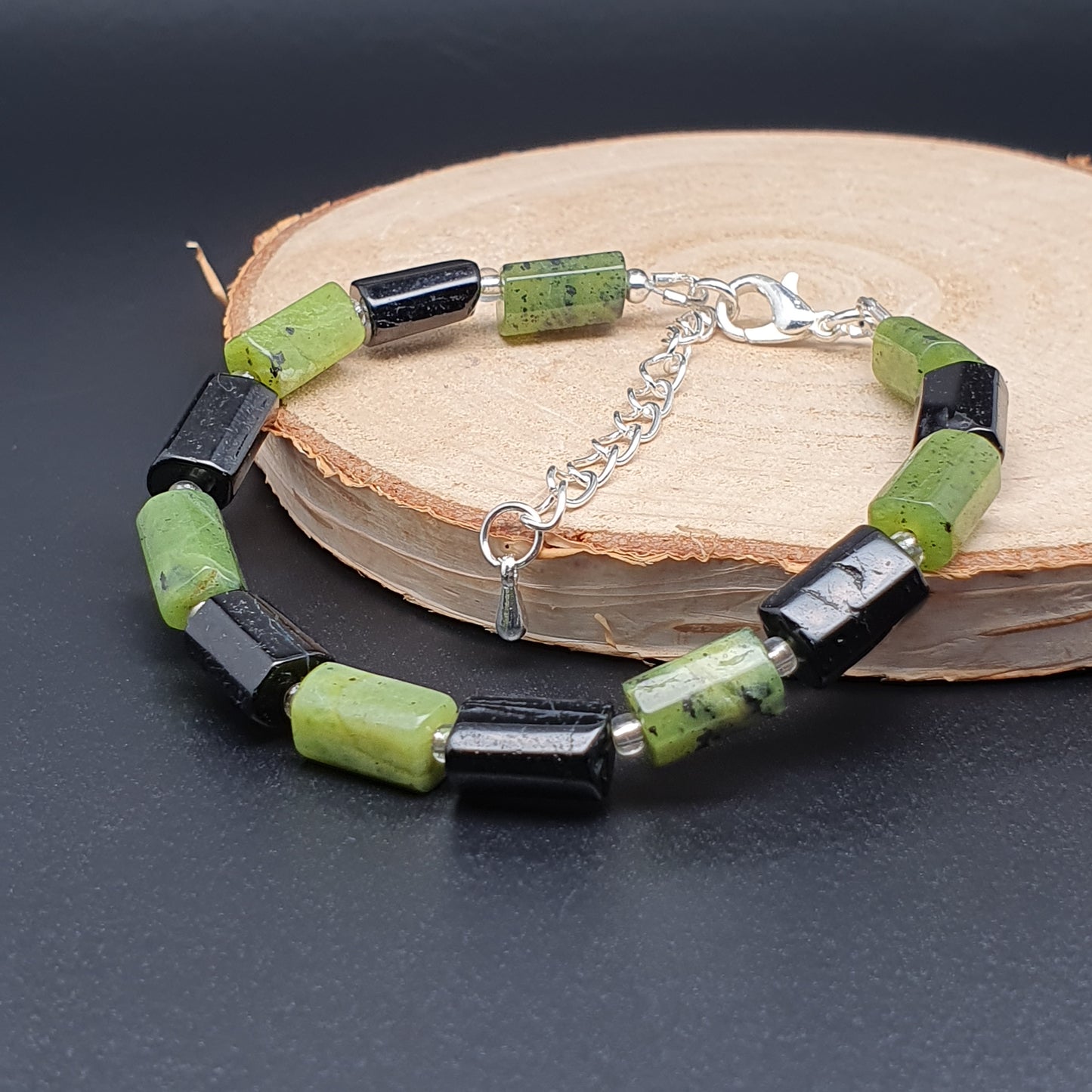 Green Jade And Black Tourmaline Beaded Bracelet Adjustable Length