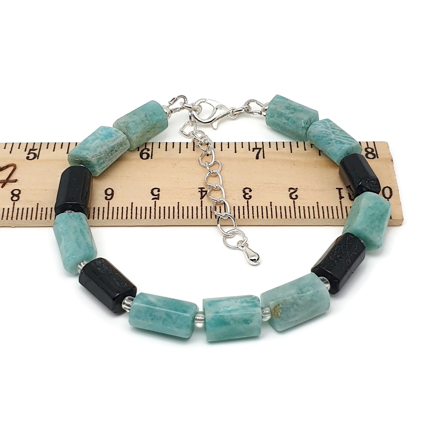 Blue Amazonite Black Tourmaline Beaded Bracelet Adjustable