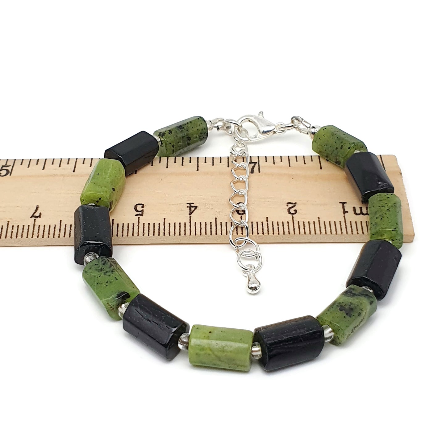 Green Jade And Black Tourmaline Beaded Bracelet Adjustable Length