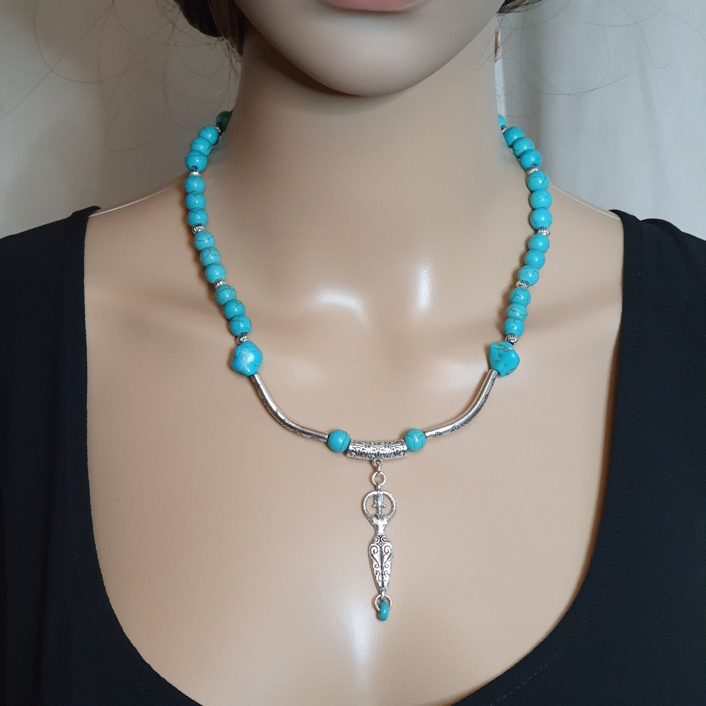 Dyed Blue Howlite Beaded Boho Necklace Tibetan Silver Fertility Goddess Pendant