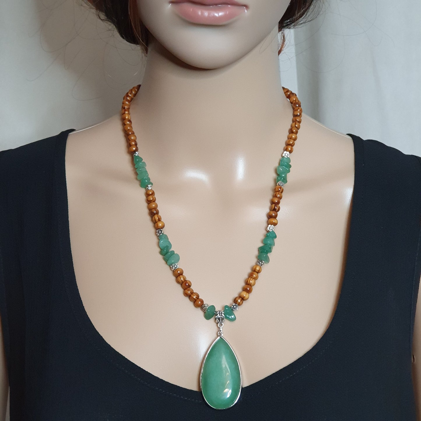 Green Aventurine And Brown Wood Beaded Boho Necklace Large Teardrop Pendant