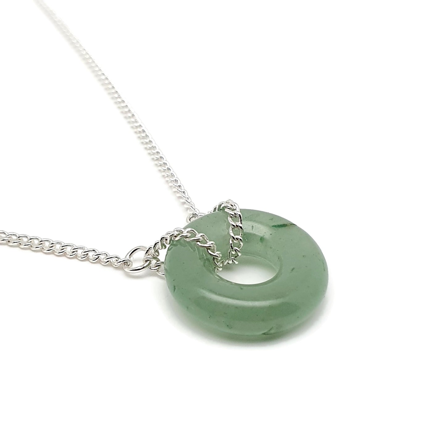 Green Aventurine Choker Collar Necklace Round Crystal Pendant Silver Plated Chain