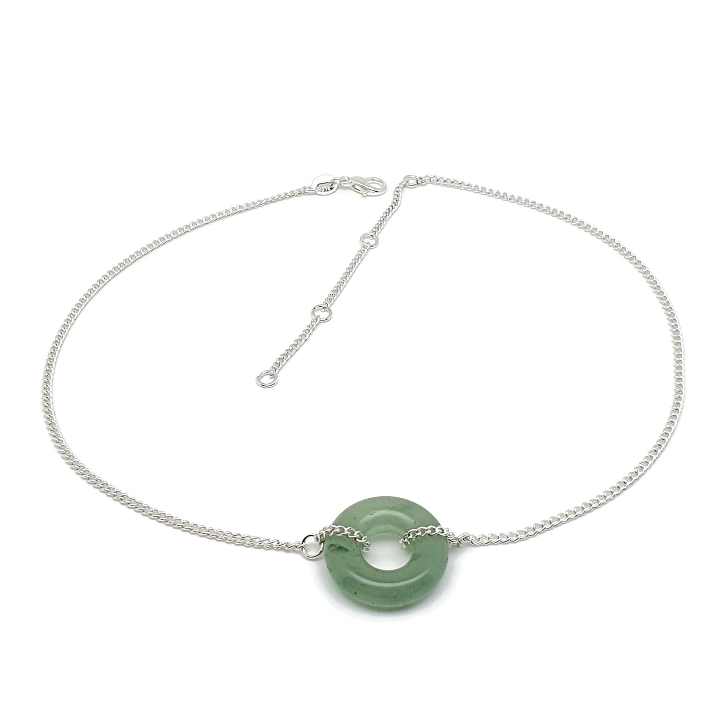 Green Aventurine Choker Collar Necklace Round Crystal Pendant Silver Plated Chain