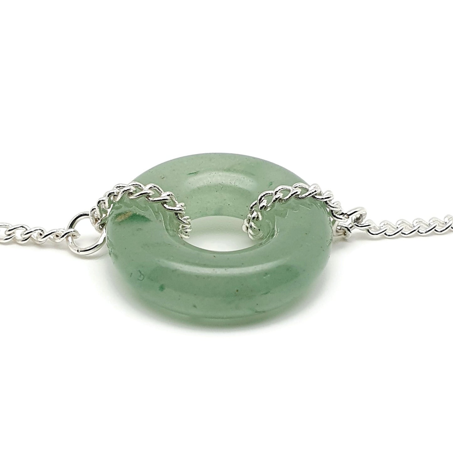 Green Aventurine Choker Collar Necklace Round Crystal Pendant Silver Plated Chain