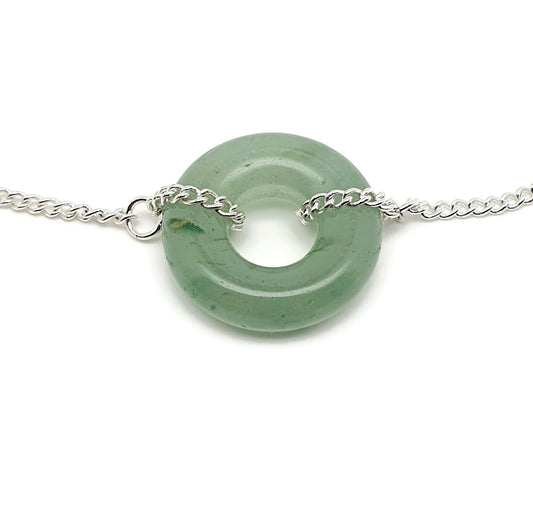 Green Aventurine Choker Collar Necklace Round Crystal Pendant Silver Plated Chain